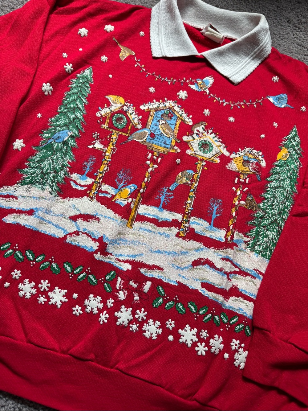 Vintage Holiday Puffy Birdhouse Sweater with Collar- Size L - Picture 4 of 7